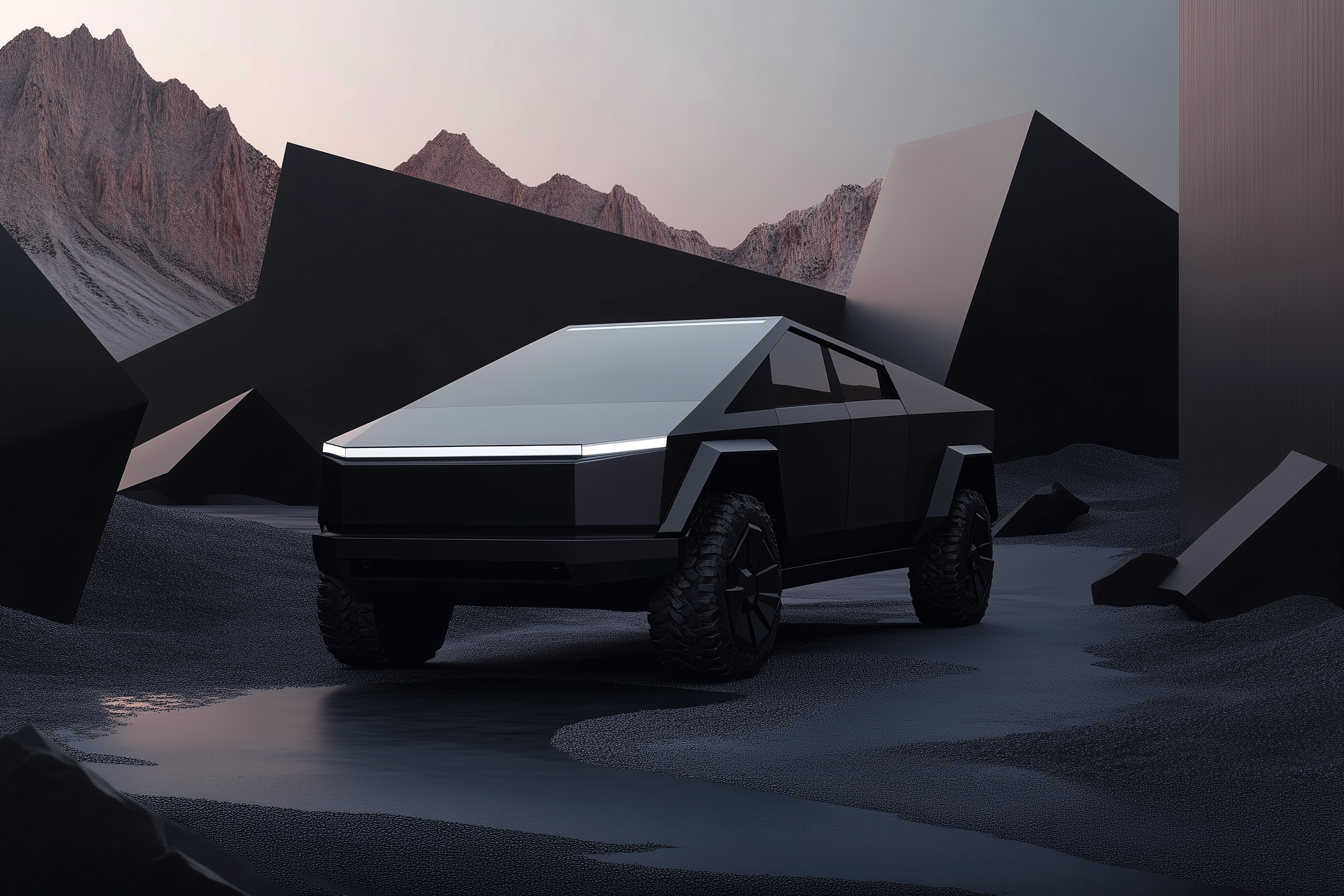 Cybertruck in an angular cinematic landscape from The Road to Mars