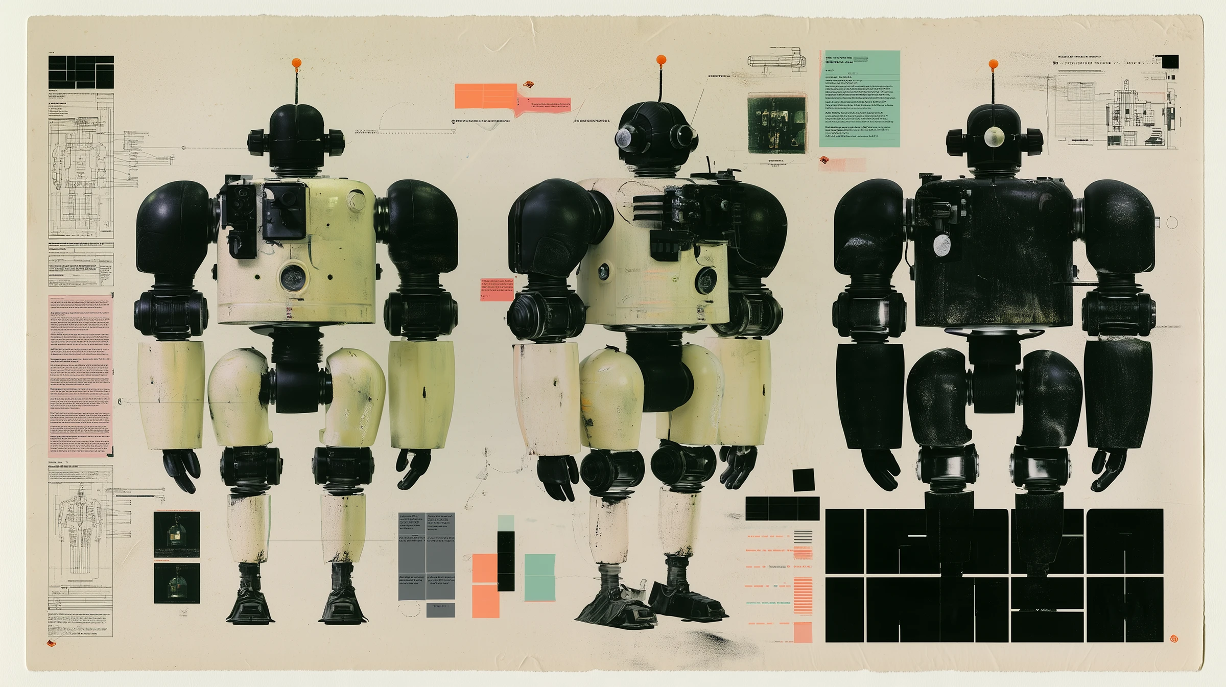 Three mechanical character variations arranged across a textured editorial study with diagrams and color accents.