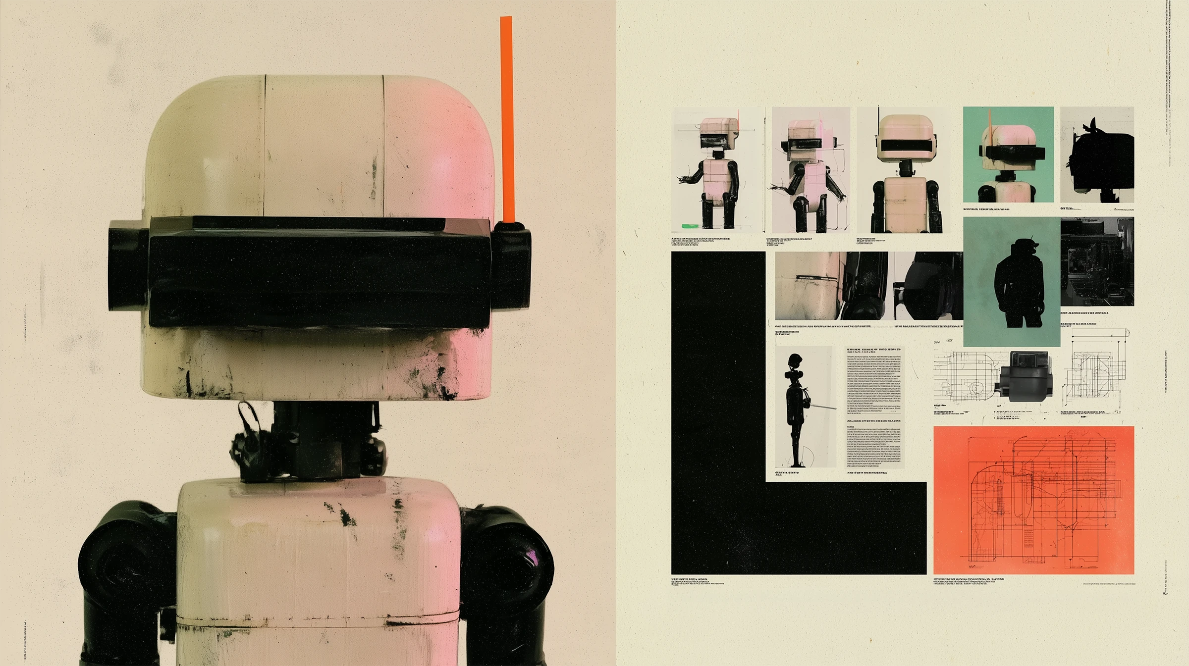 A large mechanical character portrait beside an editorial arrangement of character variations, silhouettes and construction details.