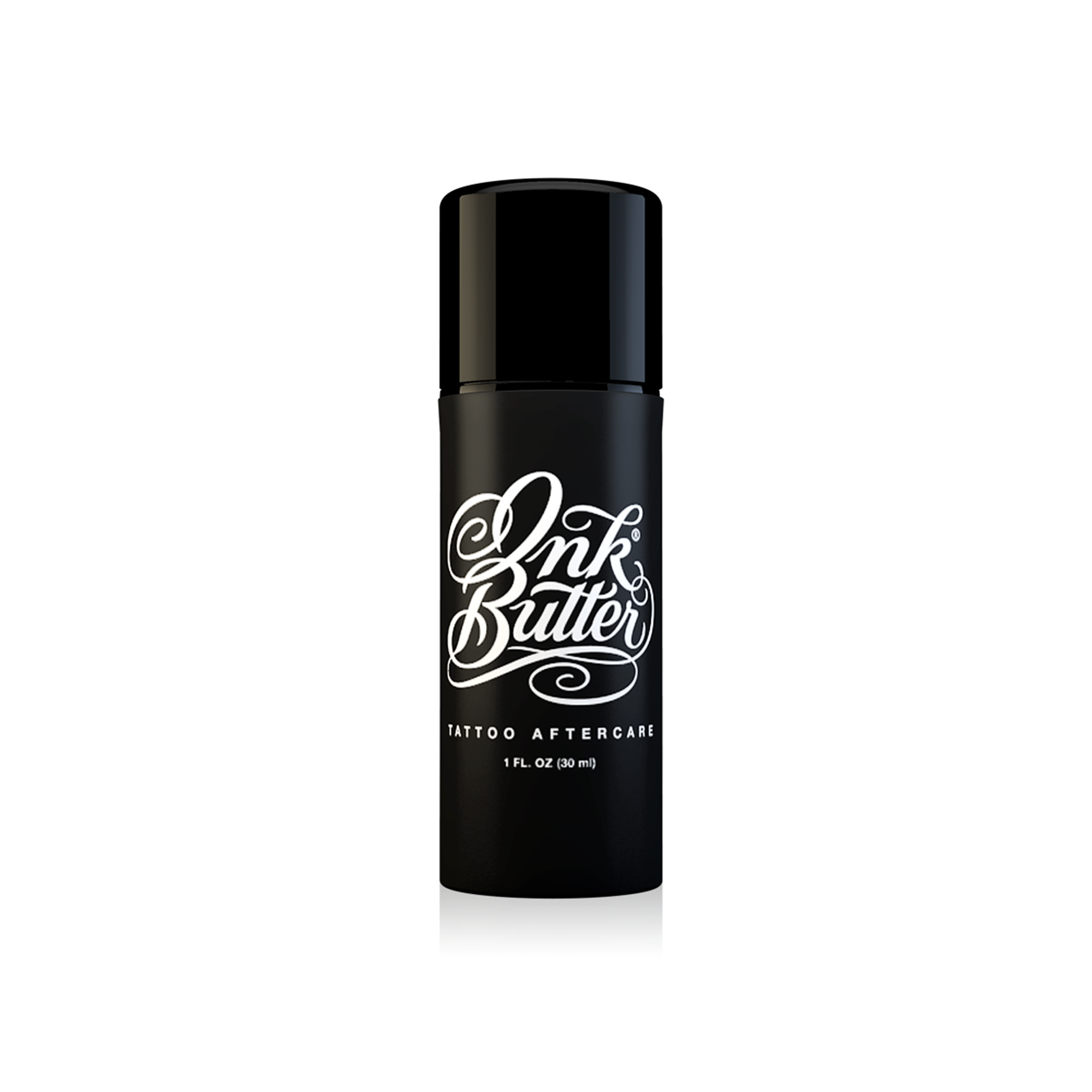 Black Ink Butter tattoo aftercare bottle with white script branding on a white background